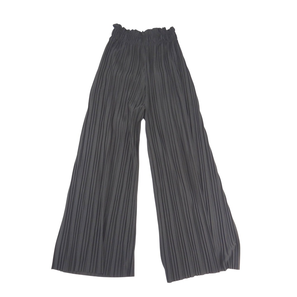Black Pleated Wide Leg Pants Elastic Paperbag Waist Tie Belt PB702A Womens Large